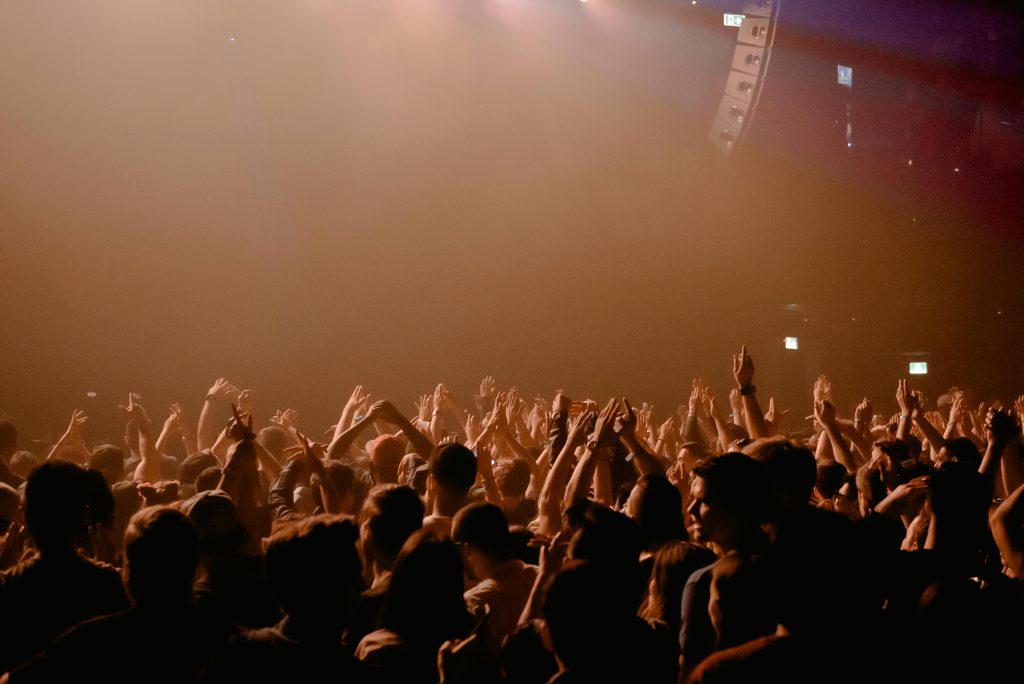A lively crowd cheering and dancing at a nocturnal music performance in a dimly lit nightclub.